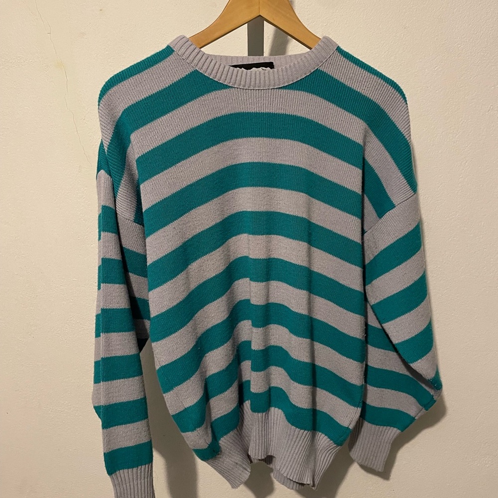 Vintage 90s Striped Teal and Gray Sweater